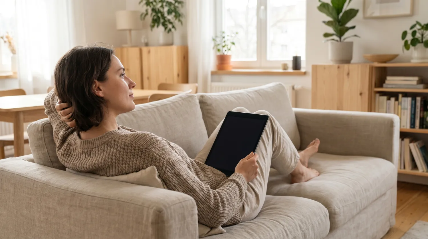Personne détendue sur un canapé avec une tablette à l'écran éteint