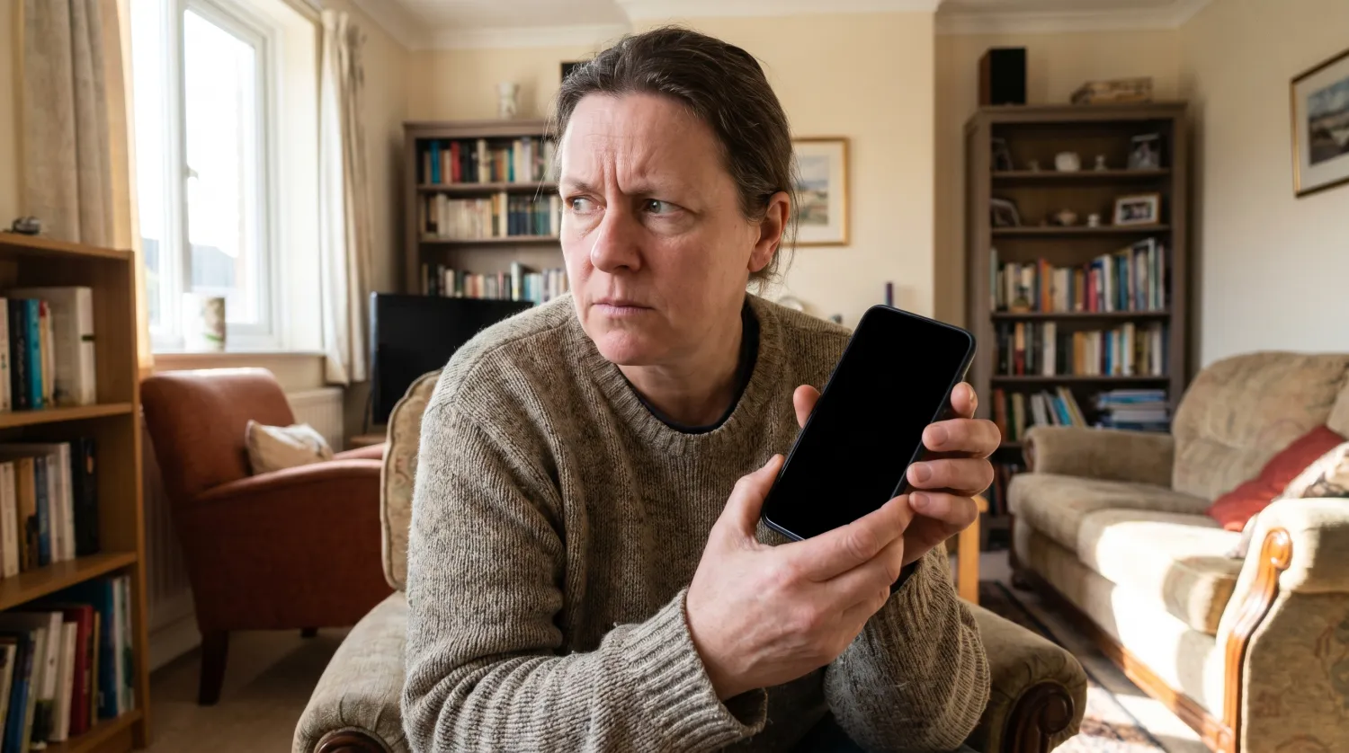 Personne méfiante tenant un smartphone à l'écran éteint à la maison