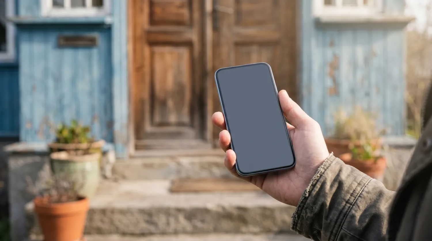 Main tenant un smartphone à l'écran éteint devant une maison
