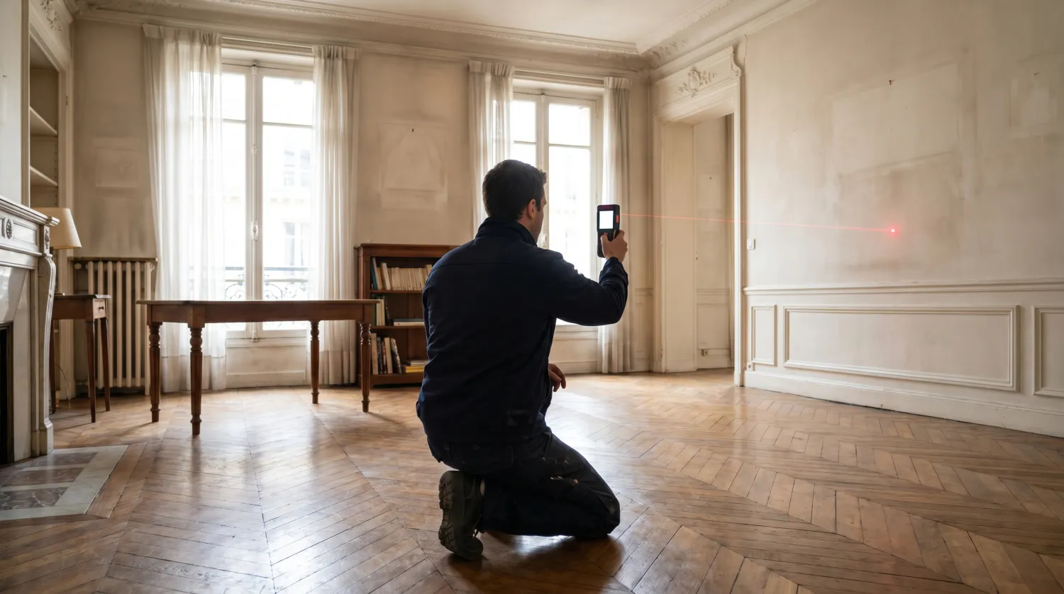Diagnostiqueur mesurant une pièce au télémètre laser dans un appartement haussmannien