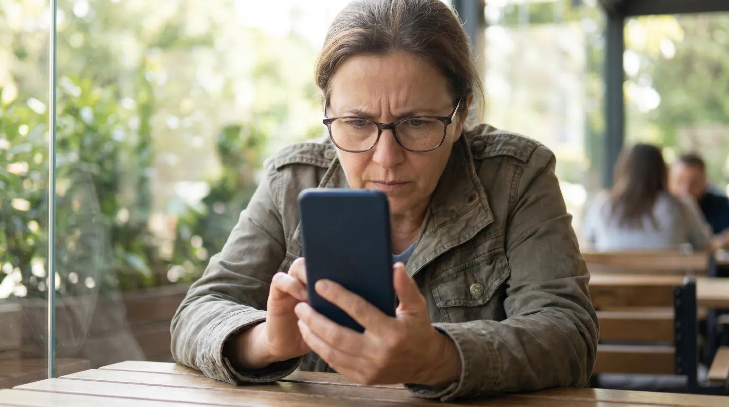 Personne vérifiant attentivement sur un smartphone à l'écran éteint