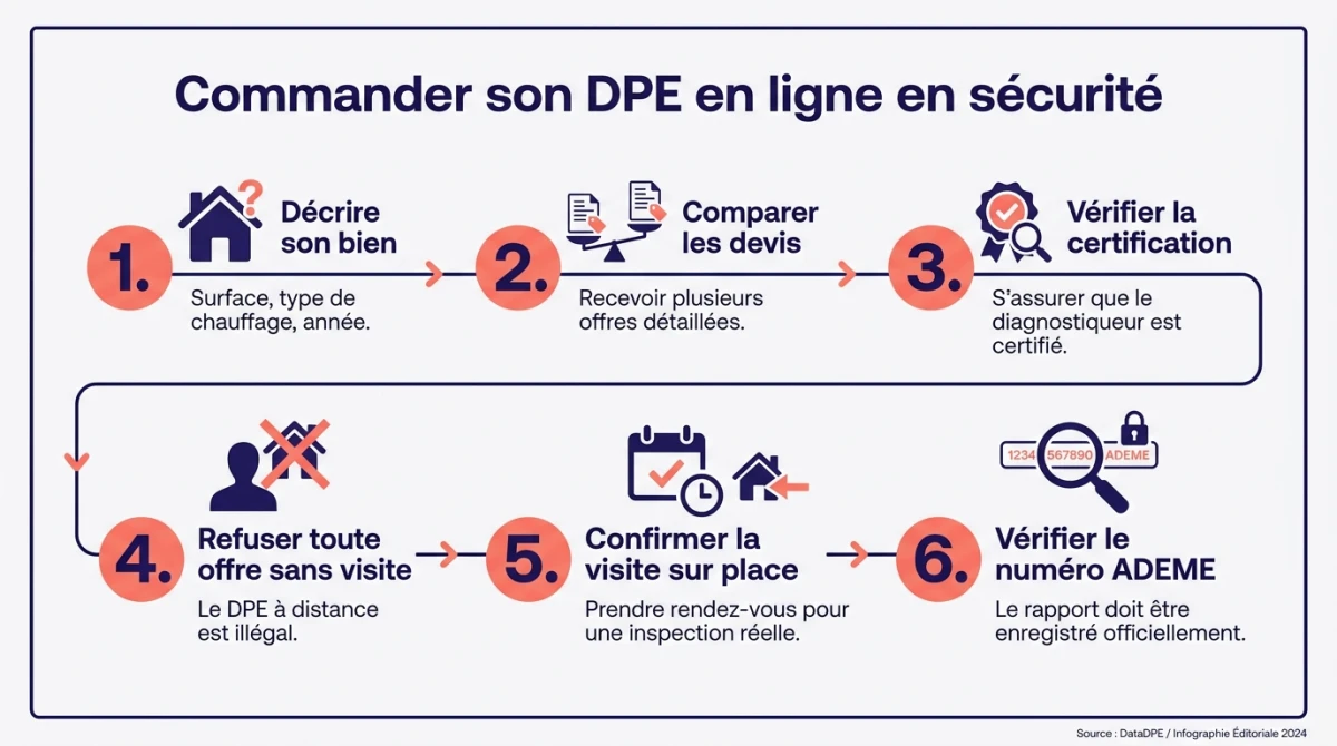 Infographie des 6 étapes pour commander son DPE en ligne en sécurité : décrire, comparer, vérifier la certification, refuser le sans visite, confirmer la visite, vérifier le numéro ADEME