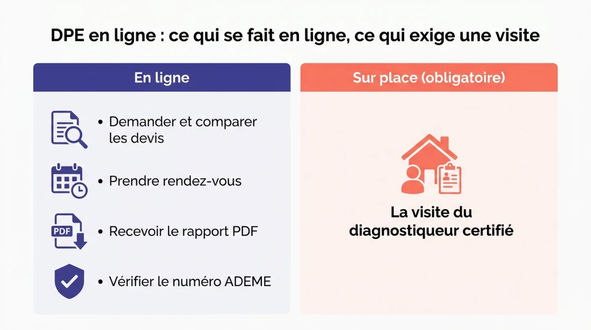 Infographie du DPE en ligne : ce qui se fait en ligne (devis, rendez-vous, rapport PDF) et la visite sur place obligatoire