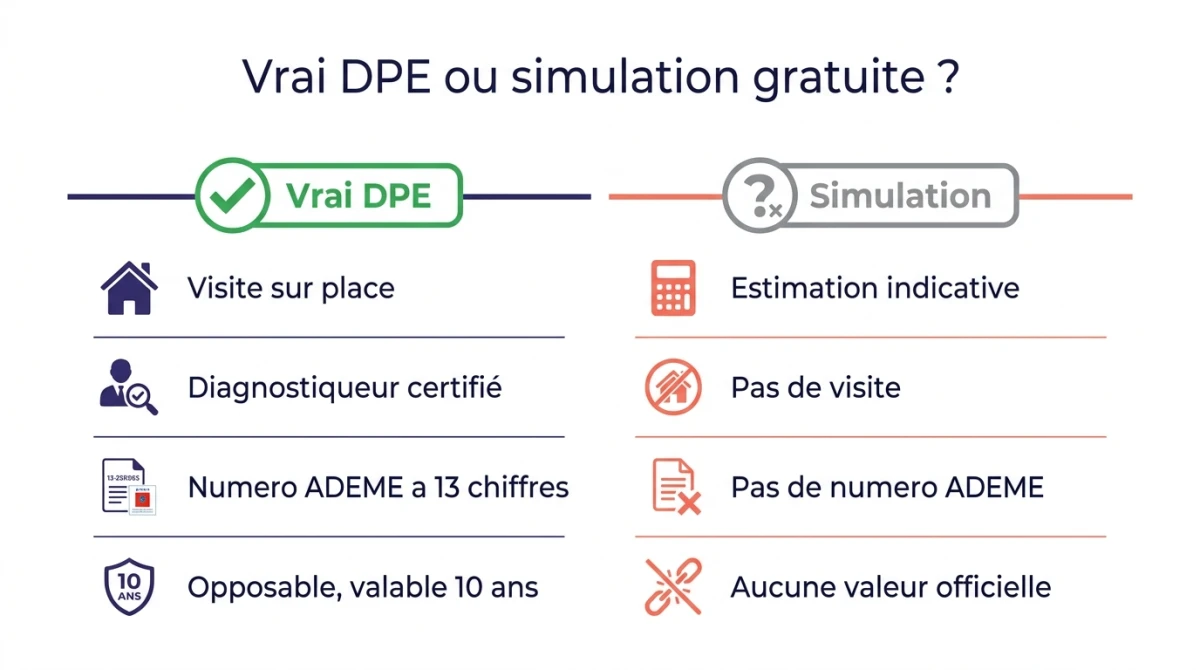 Infographie comparant un vrai DPE (visite, diagnostiqueur certifié, numéro ADEME, opposable 10 ans) et une simulation gratuite sans valeur officielle