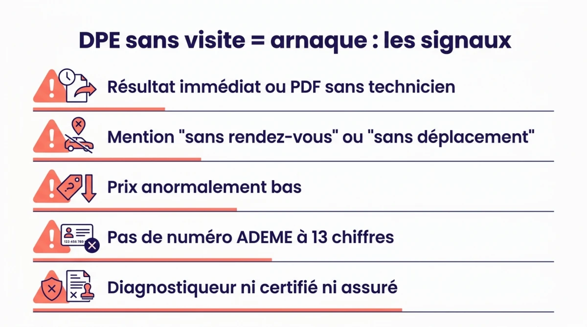 Infographie des signaux d'un DPE sans visite frauduleux : résultat immédiat, sans déplacement, prix trop bas, pas de numéro ADEME, diagnostiqueur non certifié