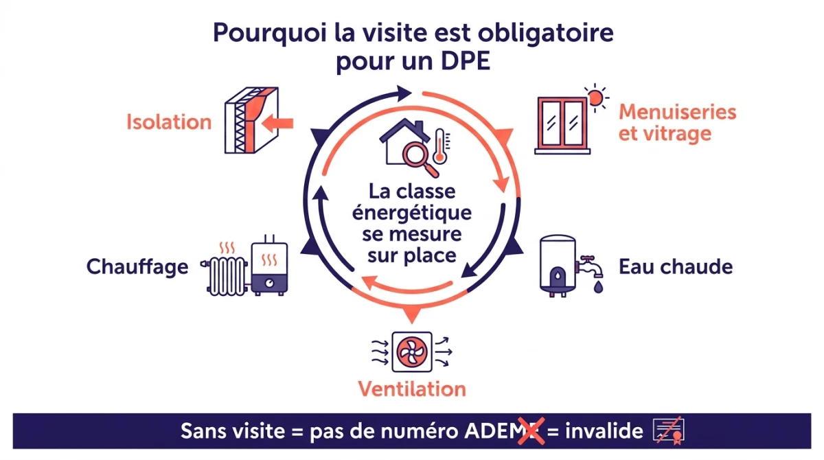 Infographie expliquant pourquoi la visite est obligatoire : la classe se mesure sur place (isolation, menuiseries, chauffage, eau chaude, ventilation), sans visite égale invalide