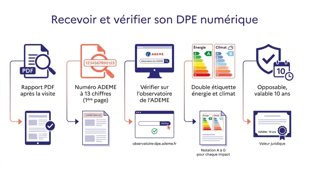 Infographie pour recevoir et vérifier son DPE numérique : rapport PDF, numéro ADEME à 13 chiffres, vérification sur l'observatoire, double étiquette, validité 10 ans